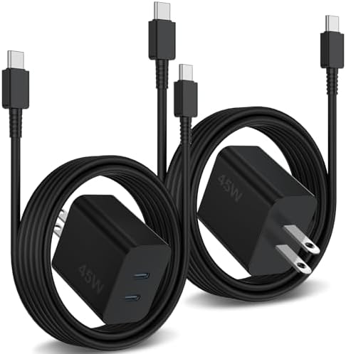 High-Speed 45 W Dual Port USB-C Wall Charger with 10 ft Long Charging Cable – Perfect for Samsung Galaxy S25/S24/S23 Models and More – Dual Device Charging Made Easy, Enhanced Compatibility & Portability for On-the-Go Power Solutions