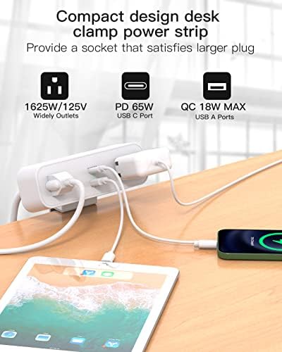 Power Up Your Workspace: 10 ft Desk Clamp Power Strip with 65 W USB-C Fast Charger & QC 18 W USB-A Ports – Ultimate Desktop Power Station for Home and Office Efficiency, Enhanced Surge Protection & Flexible Placement Solutions