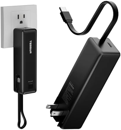TESSAN 3-in-1 Portable Power Bank Charger – 20 W Fast Charging with Built-In USB-C Cable, 5000 m Ah Capacity, AC Outlet Compatibility for i Phone 16/15, Samsung, and Tablets – Ultimate Travel Charging Solution for Dual Device Power Needs