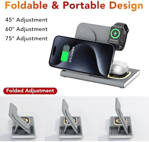 Ultra-Convenient 3-in-1 Foldable Wireless Charging Dock for Apple Devices – Rapid Power-Up Station for i Phone 16/15/14/13/12/11/X/XS, Apple Watch Series 10/9/8/7/Ultra2/Ultra/SE, and Air Pods Pro/2/3/4 – Lightweight Travel Charger with Integrated LED Light for Enhanced Portability and Efficiency