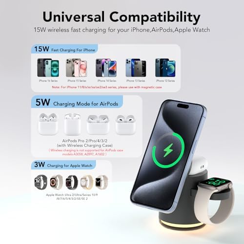 HATALKIN 4-in-1 Wireless Charging Station with Integrated Night Light – Fast Charging Dock for i Phone 12-16 Pro/Max, Apple Watch Series 6-Ultra, Air Pods – Sleek Design for Effortless Device Organization and Ambiance Enhancement