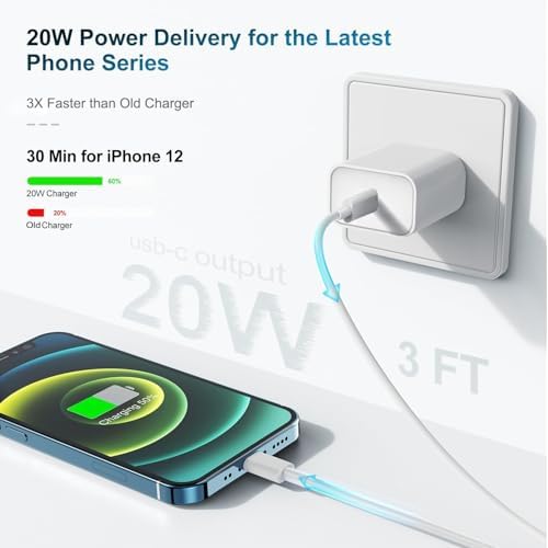 Ultra-Fast 20 W USB-C Charger with 6-Foot Lightning Cable – Convenient 3-Pack for i Phone 14/13 Pro, Ideal for Home and Travel – Superior Durability and Extended Reach for Effortless Charging Anytime