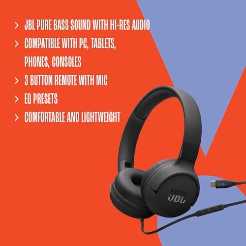 JBL Tune 520 C On-Ear Headphones – USB-C Wired Design with Hi-Res Audio Precision, Enhanced Pure Bass Sound, and Ergonomic Comfort Fit, Complete with 3-Button Remote for Seamless Call and Music Control (Stylish White Finish) – Ideal Choice for Audiophiles and Professionals Seeking Superior Sound Experience