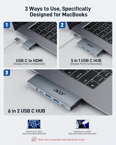 Acer USB C Hub for Mac Book Pro/Air M1 M2 M3 – Ultimate 6-in-2 Detachable Adapter with 4 K@60 Hz HDMI, Dual USB-A & USB-C 3.0 Ports, and 100 W PD Charging for Unmatched Multi-Device Connectivity and Enhanced Productivity Solutions