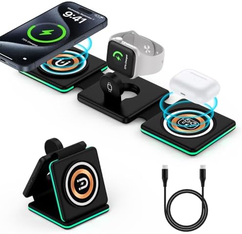 Ultimate 3-in-1 Magnetic Wireless Charging Station for i Phone, Air Pods, and Apple Watch – Foldable Travel Dock with Fast Charging for i Phone 15/14/13/12 Pro/Max/Mini/Plus, Air Pods Pro/3/2, and All Watch Series – Compact, Efficient, and Stylish Power Solution for On-the-Go Users