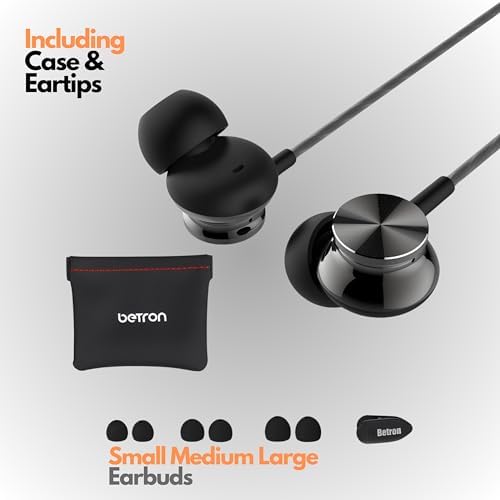 Betron BS10 Wired Earphones – In-Ear Noise Isolating Headphones with Built-In Microphone & Volume Control, 12 mm Drivers for Deep Bass, Ergonomic Design for Ultimate Comfort, Enhanced Compatibility with All Devices