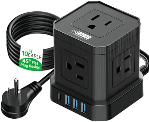 Uncaged Ergonomics Cube Power Strip with 10 ft Extension Cord – Surge Protected Charging Station Featuring 5 AC Outlets, 3 USB Charging Ports (1 USB-C Fast Charger) and On/Off Switch for Ultimate Convenience and Safety