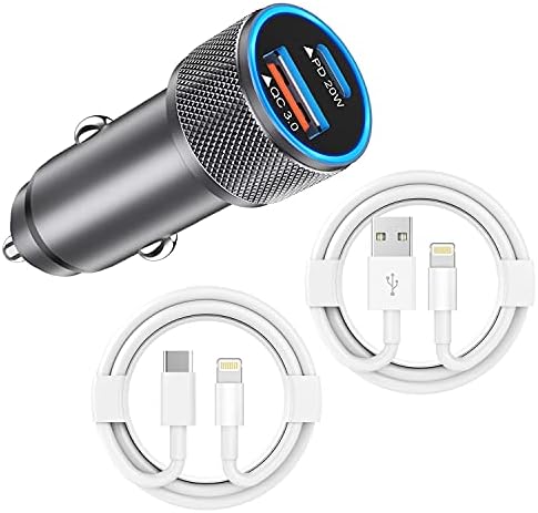 i Phone 14 Dual Port Fast USB C Car Charger | Apple MFi Certified 38 W Quick Charge Adapter with 2 Lightning Cables | Sleek Metal Design for Optimal Durability and Compatibility with i Phone 14, 13 Pro Max, Mini, 12, 11 & Air Pods | Reliable On-the-Go Power Solution for Busy Lifestyles