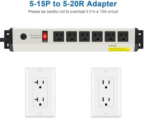 CCCEI 12 Gauge Heavy Duty 20 Amp Power Strip Surge Protector with 6 Outlets and 4800 Joules – Industrial Metal Power Strip with 6 FT Extension Cord for Garage and Workshop Use – Reliable Surge Protection for High-Demand Appliances and Tools