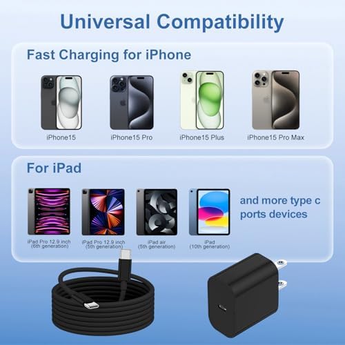 Maximize Your Charging Efficiency with the 20 W USB-C Power Adapter and 10 ft Type C Cable – The Ultimate Fast Charging Solution for i Phone 16, 15 Pro Max, and i Pad Featuring Advanced Safety Mechanisms for Secure On-the-Go Power Management and Unrivaled Compatibility