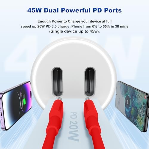 Dual-Port 45 W USB C Car Charger Adapter for Apple Devices – MFi Certified Fast Charger with 3 ft Lightning Cable (Pack of 2) – Rapid Charging for i Phone 14/13/12/11 Pro Max, i Pad, and Air Pods – Durable & Portable Power Solution for On-the-Go Lifestyle