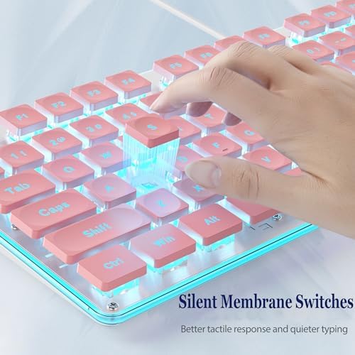 Surmen G1000 Pink Backlit Typewriter Keyboard – Full-Size 104 Keys with Silent Membrane, Durable Metal Panel, USB Wired for Effortless Gaming and Office Use – Stylish, Quiet, and Efficient Typing Experience