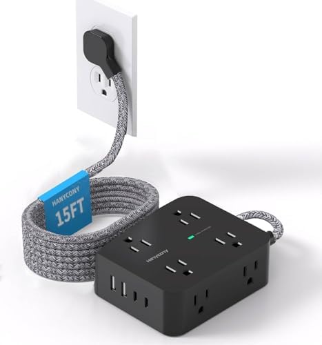 Maximize Your Power Efficiency with HANYCONY 5 Ft Ultra Thin Flat Plug Surge Protector Power Strip – 8 Outlet Extender & 4 Fast-Charging USB Ports (2 USB-C) for College Dorm Room Essentials – 1080 Joules Surge Protection & Wall Mount Design in Sleek Black Finish