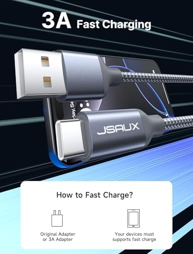 JSAUX 10 ft USB C Cable 2-Pack – High-Speed Charging & Data Transfer for i Phone 16 Series, Samsung Galaxy S20/S10/S9 & Note 20 – Durable Nylon Braided Design for Ultimate Reliability – Perfect for Home, Office & On-the-Go Use – Enhanced Compatibility with USB 3.1 Technology – Sleek Black Finish for Professional Aesthetics
