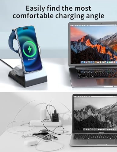 Sleek Aluminum 3-in-1 Magnetic Wireless Charging Station for Apple Devices – Fast Charge i Phone 11-16 Pro Max, Apple Watch Series 2-8 & Air Pods 2/3/Pro – All-in-One Charger Stand with Adapter for Enhanced Efficiency and Modern Aesthetics