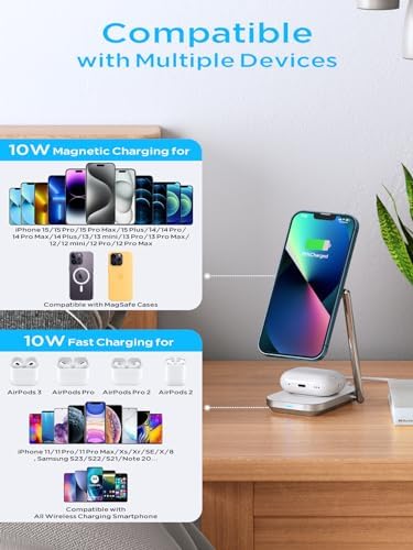 Elevate Your Charging Game with the Premium 2-in-1 Mag Safe Charger Stand – Swift 20 W Wireless Power Solution for i Phone 15/14/13/12 & Air Pods 3/Pro/2 – Robust Zinc Alloy Design with Foldable Portability for Effortless Device Alignment – Perfect for Organized, Tangle-Free Charging Spaces