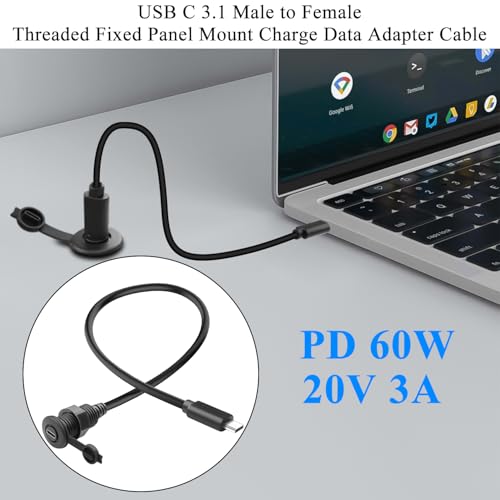 QIANRENON 10 Gbps USB C 3.1 Fixed Mount Waterproof Connector – High-Speed 60 W Charging & 4 K Video Adapter for Furniture, Cars, and RVs | 30 cm (11.8 in) Durable Threaded Bulkhead Cable for Enhanced Data Transfer and Compatibility