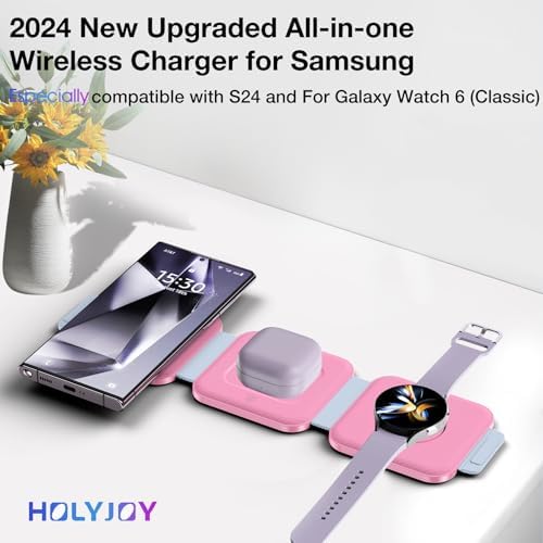 Ultimate Samsung Multi Travel Charger: Foldable Wireless Charging Pad for Galaxy Watch Ultra/7/6/5 Pro/Active 2 & Quick Charge for S25/S24/S23/S22 (+/Ultra)/Note20 – Compact Purple Design with Buds3 Pro Compatibility and Enhanced Speed for On-the-Go Power Solutions
