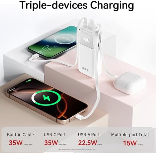 10,000 m Ah Portable Power Bank with Integrated USB-C Cable – Ultra-Fast Charging Solution for i Phone 16/15, Mac Book, Galaxy, i Pad & Air Pods – Your Essential Travel Power Companion with Superior Device Compatibility and Speed