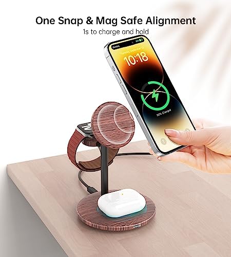 Sleek Yellow Wood Grain 3-in-1 Wireless Charging Station for Apple Devices – Fast 15 W Mag-Safe Charger with QC 3.0 Adapter for i Phone 16/15/14/13/12, Apple Watch Ultra/S9/8, and Air Pods – Elevate Your Workspace with Ultimate Compatibility and Modern Aesthetics, Perfect for Streamlined Charging Solutions