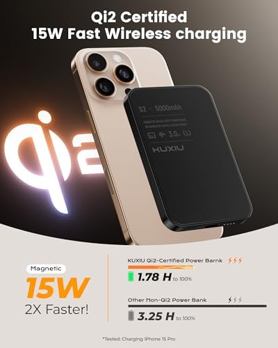 Ultra-Slim Titanium Mag-Safe Power Bank – 15 W Qi2-Certified Wireless Charger with 5000 m Ah Fast Charging for i Phone 12-16 Series – Lightweight Solid-State Battery Pack for Efficient On-The-Go Power