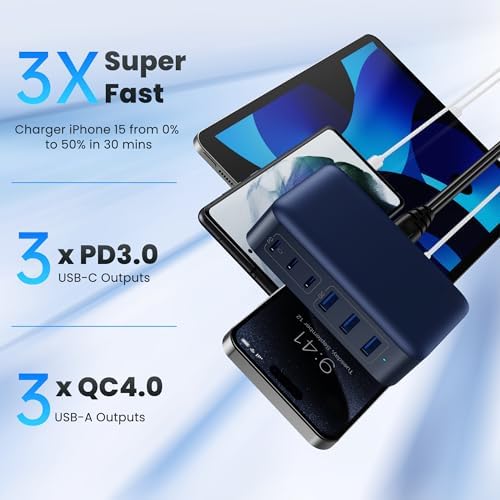 108 W Pink Ga N III USB C Charging Hub – 6-Port Fast Charger for i Phone 15 Pro, Samsung & More – Quick Charge & Power Delivery Compatible – Stylish Multi-Device Power Station with Intelligent Safety Features – Ideal for Home, Office & Travel Use