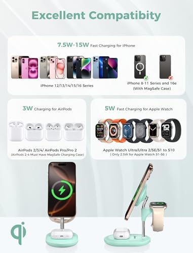 All-in-One Wireless Charging Station for Apple Devices – 15 W Fast Qi-Certified Mag-Safe Charger for i Phone 16, 15, 14, 13, 12, Apple Watch & Air Pods – Adjustable Viewing Angle, Ideal Gift for Women – Enhance Your Charging Efficiency and Style