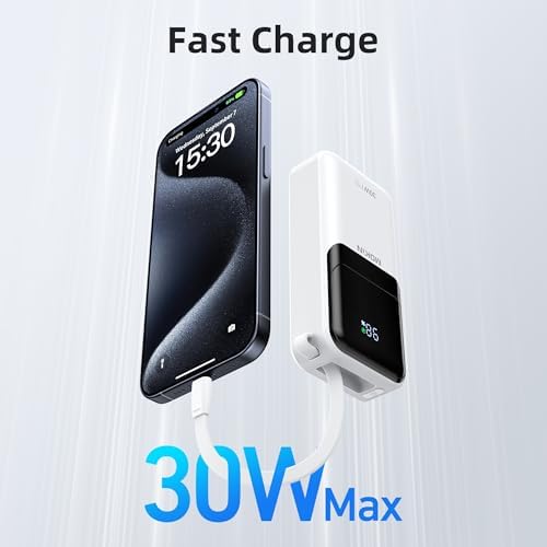 MOKi N 10,000 m Ah Ultra-Fast Portable Charger with Built-in Cables & Smart Digital Display – 30 W PD Power Bank for i Phone 16/15/14/13, Samsung Galaxy S23/S22/S21, Google Pixel – Compact Travel-Friendly Battery Pack with Safety Features & Multiple Charging Ports – Lightweight & Airline-Approved for On-the-Go Convenience