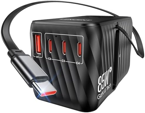 LENCENT 85 W Universal Travel Adapter with Retractable USB-C Cable – High-Speed International Plug Converter Featuring 3 Type-C & 1 USB-A Ports for Effortless Worldwide Charging – Your Ultimate Travel Essential for Maximum Compatibility, Fast Charging, and Ga N Technology Efficiency