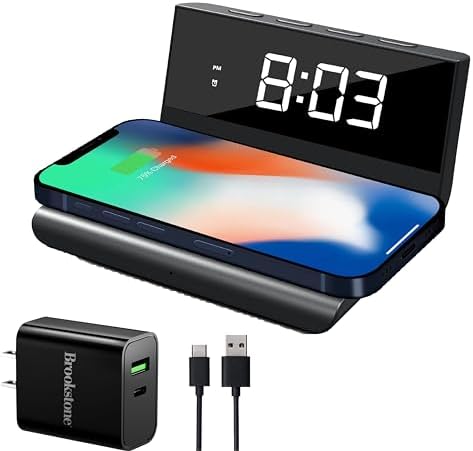 Brookstone Smart LED Alarm Clock with 15 W Fast Wireless Charger for i Phone 15 Pro Max & Samsung S23 | Dual Alarm Functionality with Customizable Brightness | Sleek, Modern Design for Efficient Workspaces & Nightstands