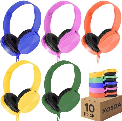 Classroom Audio Excellence: 10-Pack Durable Wired Headphones for Students – Adjustable Comfort, Enhanced Device Compatibility, Lightweight Design for Effortless Portability, Ideal for Group Learning and Focused Study Sessions