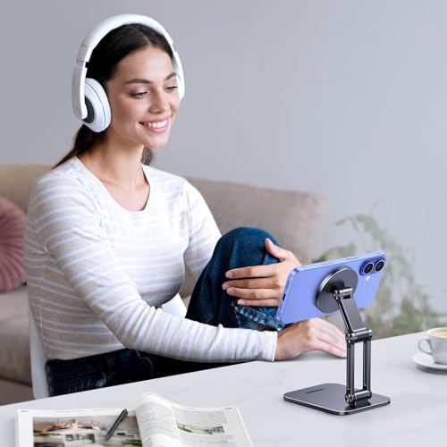 UGREEN Magnetic Phone Stand Compatible with MagSafe iPhone Holder for Desk Ergonomic Design Adjustable, Aluminum Cell Phone Stand Compatible for iPhone 16 15 14 13 12 Pro Max and MagSafe Case, Black – Enhanced Compatibility and Speed