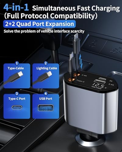 Revolutionary Retractable 4 in 1 Car Charger with Starlight Design – Fast Charging USB-A & USB-C Compatibility for i Phone 16/15/14/13/12/11/X, Galaxy, and Pixel Devices – Multi-Device Power Solution for Modern Drivers