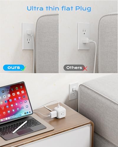 Compact Power Strip Cube with 3 AC Outlets & 3 USB Ports (2 USB-C) – 900 Joules Surge Protection & 5 ft Flat Plug Extension Cord for Home Office & Travel – Versatile Charging Station for Enhanced Device Compatibility & Safety