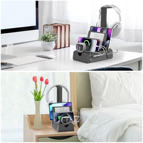 KDD 6-in-1 Multi-Device Charging Station – Sleek Black Dock for Smartphones, Tablets, Apple Watch & Headphones – Fast Charge with 2 AC & 4 USB Ports – Space-Saving Design for Ultimate Organization and Efficiency – Perfect Home & Office Charging Solution