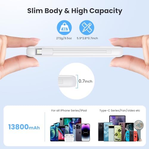 Ultimate USB C Power Bank with Dual Built-in Cables & AC Wall Plug – 13,800 m Ah Fast Charging Powerhouse for i Phone 16/15, Galaxy S23, Tablets – Compact LED Display, Universal Compatibility for On-the-Go Power Solutions