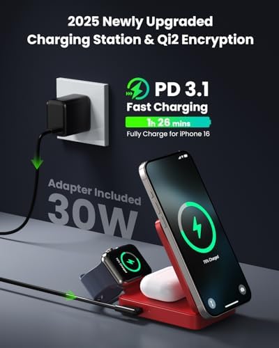3-in-1 Qi2 Certified Wireless Charging Station – 15 W Fast Magnetic Charger for i Phone 16/15/14/13/12, Apple Watch, Air Pods – Foldable Design with 30 W USB-C Adapter for Ultimate Compatibility and Efficiency – Elevate Your Charging Experience with Enhanced Safety Features and Versatile Viewing Angles