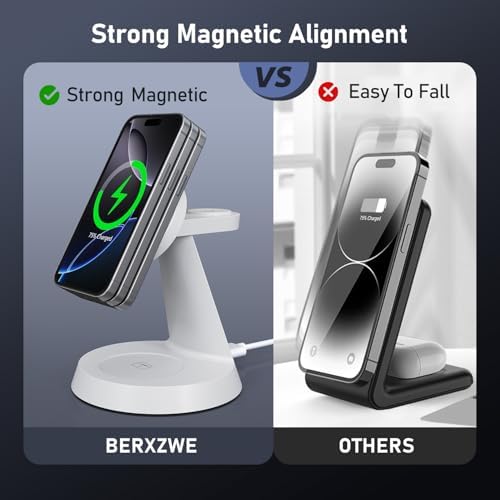 Sleek Pink 3-in-1 Wireless Charging Station for Apple Devices – 15 W Mag Safe Fast Charger Stand for i Phone 16/15/14/13/12, Air Pods & i Watch – Magnetic Alignment for Effortless Power-Up & Clutter-Free Workspace