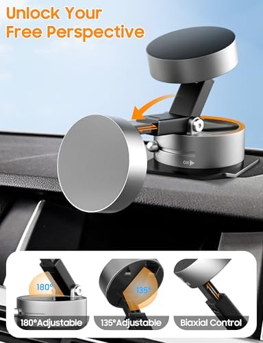 Vacuum Magnetic Phone Holder for Car – [ 360° Rotation & Foldable] Strong Suction Vacuum Magnetic Cell Phone Holder Stand, Height Adjustable Magnetic Phone Mount, For iPhone/All Phones (Any Surface) – Enhanced Compatibility and Speed