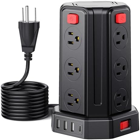 SMALLRT Power Tower Surge Protector – 10 Ft Extension Cord with 12 AC Outlets & 4 USB Ports (1 USB-C) – Ultimate Charging Station for Home & Office – Enhanced Device Compatibility & Safety