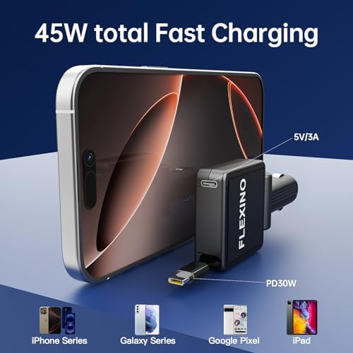 Flexino Ultra-Slim Retractable Car Charger for i Phone 16 & More – Fast Charging Dual USB C Adapter for Galaxy, Pixel, and More – Compact Design for Maximum Portability & Clutter-Free Charging Solution – Enhanced Safety Features & Rapid Power Delivery – Perfect for Road Trips & Daily Commutes