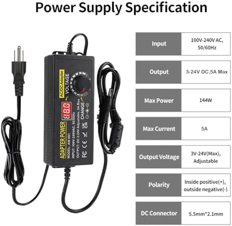 Versatile 3 V-24 V Adjustable Power Supply Adapter – 5 A 120 W AC/DC Converter with 14 DC Tips & Polarity Switch for Seamless Compatibility with LED Strips, Printers, Speakers – Efficient High-Speed Power Solution for Home and Travel Use