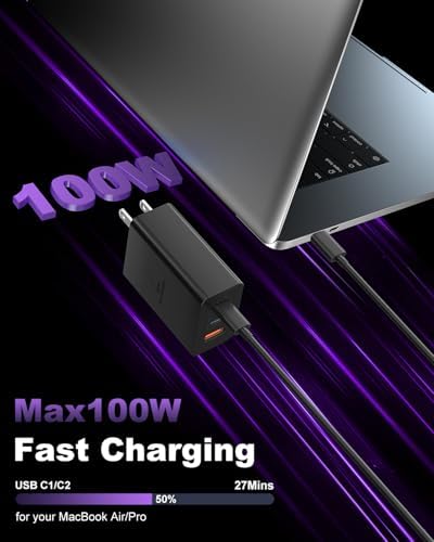Ultimate 100 W USB C Charger Block with 3 Ports – Ga N Super Fast Charging Adapter Plus 10 ft Type C Cable for Mac Book Pro, i Pad Pro, i Phone 15/16, Galaxy S Series – Dual Pack for Enhanced Power and Efficiency