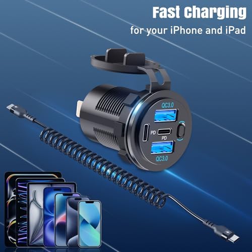 90 W Dual PD & Quick Charge 3.0 Qidoe USB C 12 V Car Charger Socket – 2 Pack for RVs, Boats, Trucks & Motorcycles – Waterproof 4-Port Design with Power Switch for Fast, Efficient Charging on the Go