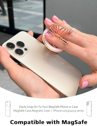 Transform Your Mobile Experience with the Chic Magnetic Phone Grip for Mag Safe – Stylish Butterfly Design in Rose Gold and White, Featuring Versatile Kickstand and Universal Adapter Ring for Enhanced Functionality and Secure Hold