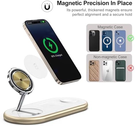 Sleek 3-in-1 Magnetic Charging Station for Apple Devices – Fast Mag-Safe Wireless Charger Stand for i Phone 16/15/14/13/12, Apple Watch, and Air Pods – Elegant Golden Design with Enhanced Compatibility and Safety Features