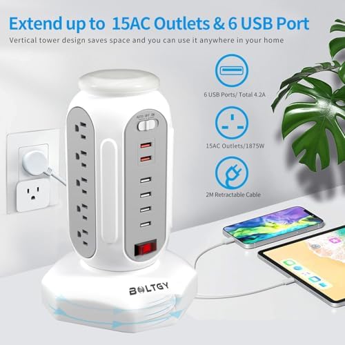 Ultimate Flat Plug Fast Charging Tower – 15 AC Outlets & 6 USB Ports (2 Fast Charge) – Compact Surge Protector Power Strip with 6.5 FT Extension Cord for Home, Office, and Dorm Room – Maximize Charging Efficiency and Enhance Safety