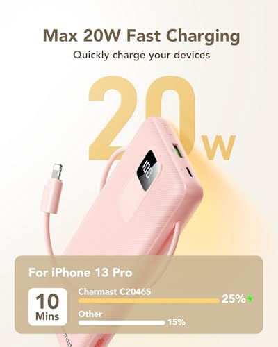 Charmast 20000 m Ah Fast Charging Power Bank with Integrated Cables & Wall Plug – 20 W USB-C Charger for i Phone 16/15/14, Samsung Galaxy, Google Pixel, and i Pad – Ultimate Portable Energy Source with Rugged Design and Rapid Recharge Capability