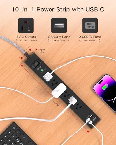Maximize Your Power Access with 2 Pack 10 ft Surge Protector Power Strip – 6 Outlets & 4 Fast USB Charging Ports, Space-Saving Flat Plug Design, Overload Safety Features, Wall Mount Capability for Home, Office & Dorm Essentials