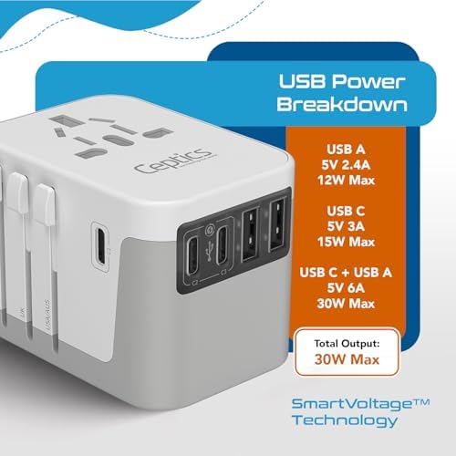 Global Travel Power Adapter – Ceptics 6-in-1 Charger with Dual USB-A & Triple USB-C Ports for Lightning-Fast Charging – Universal Compatibility for USA, EU, UK & AUS Electronics – Ideal for Smartphones, Laptops & Cameras – UP-30 KU-BL for Efficient Multi-Device Charging Solutions